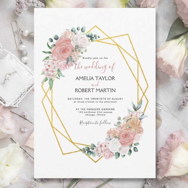 Blush Pink Floral Gold Geometric Invitation (Creator Uploaded)