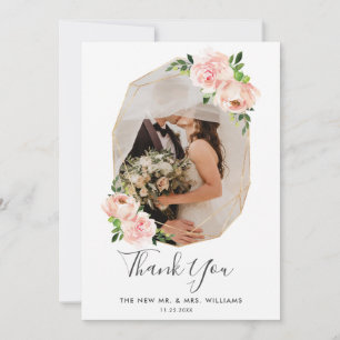 Blush Pink Floral Gold Geometric Photo Wedding Thank You Card