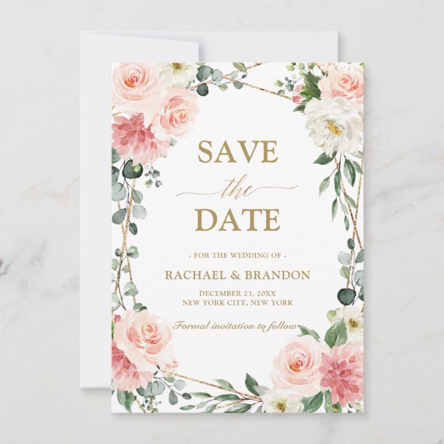 Blush Pink Floral Gold Geometric Save the Date (Front)