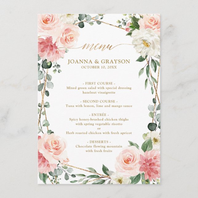 Blush Pink Floral Gold Geometric Wedding Menu (Front)