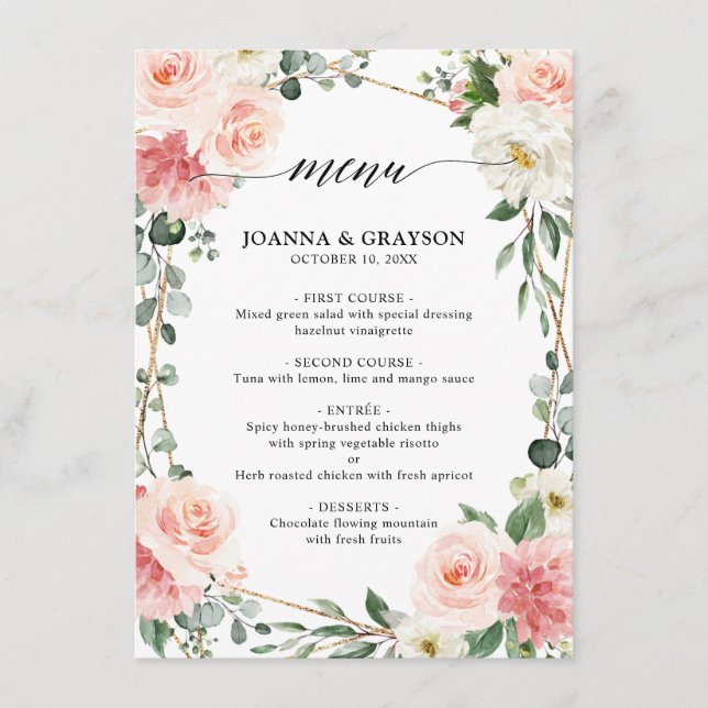 Blush Pink Floral Gold Geometric Wedding Menu (Front)