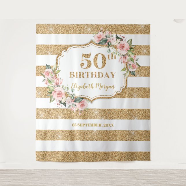 Blush pink floral gold glitter 50th birthday tapestry (Front)