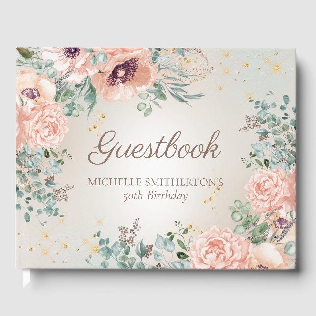 Blush Pink Floral Gold Glitter Birthday Guestbook (Front)