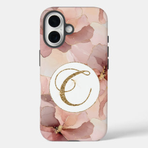 Blush Pink Floral Gold Glitter Letter C iPhone 16 Case