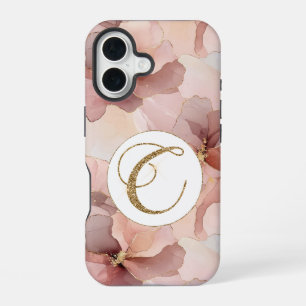 Blush Pink Floral Gold Glitter Letter C iPhone 16 Case