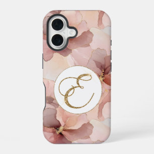 Blush Pink Floral Gold Glitter Letter E iPhone 16 Case
