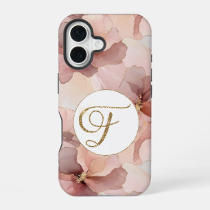 Blush Pink Floral Gold Glitter Letter F iPhone 16 Case