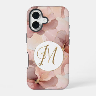 Blush Pink Floral Gold Glitter Letter M iPhone 16 Case