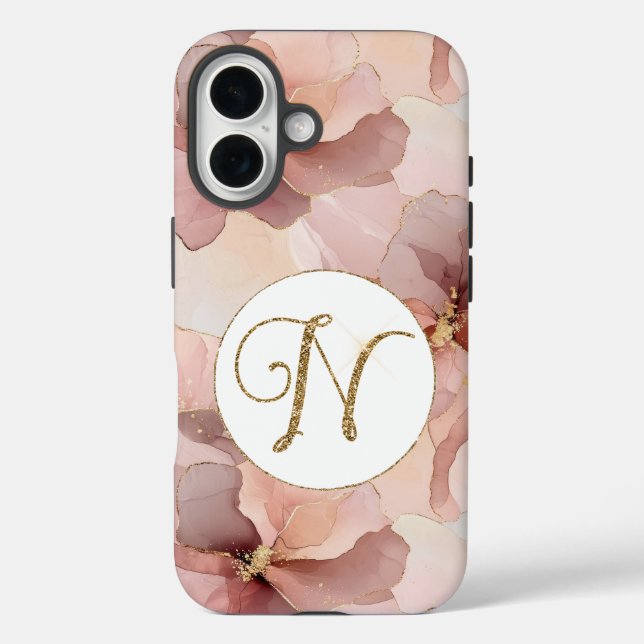 Blush Pink Floral Gold Glitter Letter N Case-Mate iPhone Case (Back)