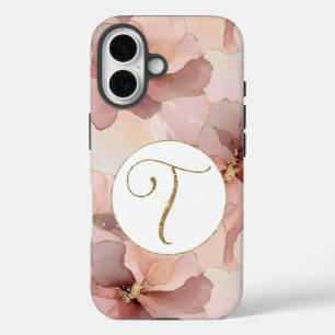 Blush Pink Floral Gold Glitter Letter T iPhone 16 Case