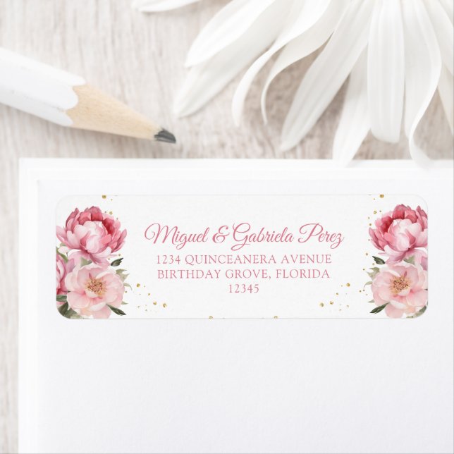 Blush Pink Floral Gold Glitter Return Address (Insitu)