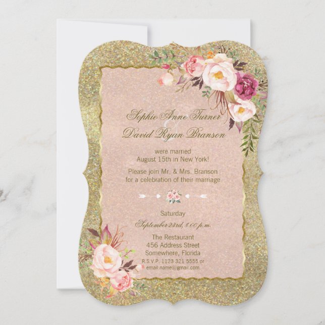 Blush Pink Floral Gold Glitter Wedding Evening Invitation (Front)