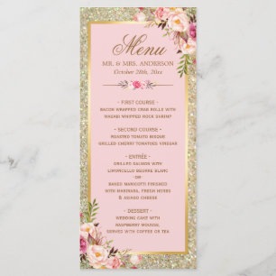 Blush Pink Floral Gold Glitter Wedding Menu