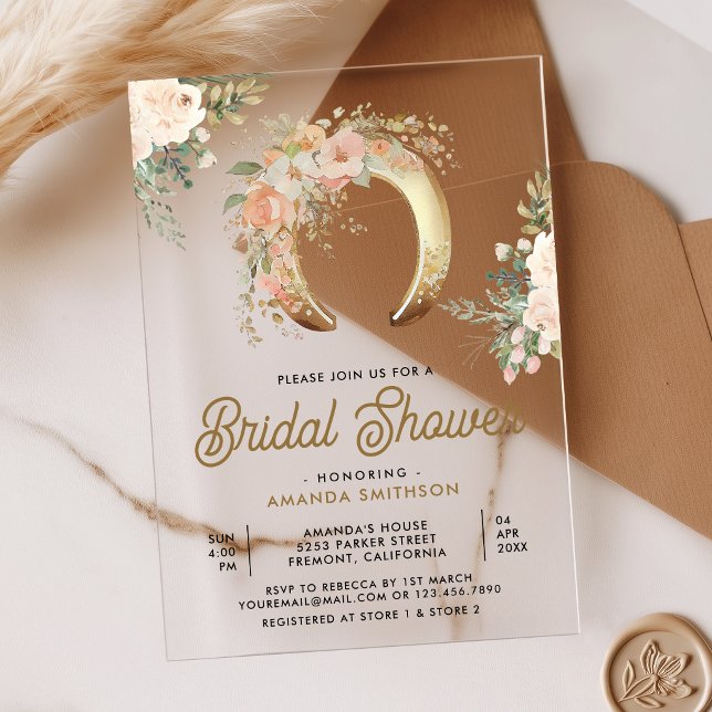 Blush Pink Floral Gold Horseshoe Bridal Shower Acrylic Invitations (Creator Uploaded)
