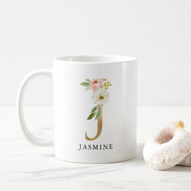 Blush Pink Floral & Gold Letter J Monogram Coffee Mug (With Donut)