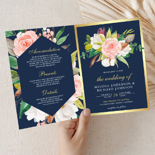 Blush Pink Floral Gold Navy Blue QR Code Wedding Invitation