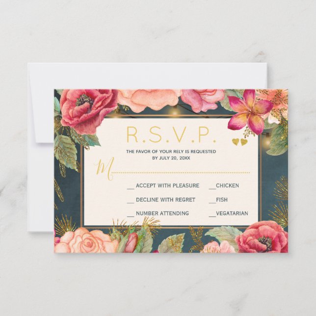 Blush pink floral gold navy elegant wedding rsvp card (Front)