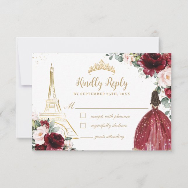 Blush Pink Floral Gold Paris Princess Quinceañera RSVP Card (Front)
