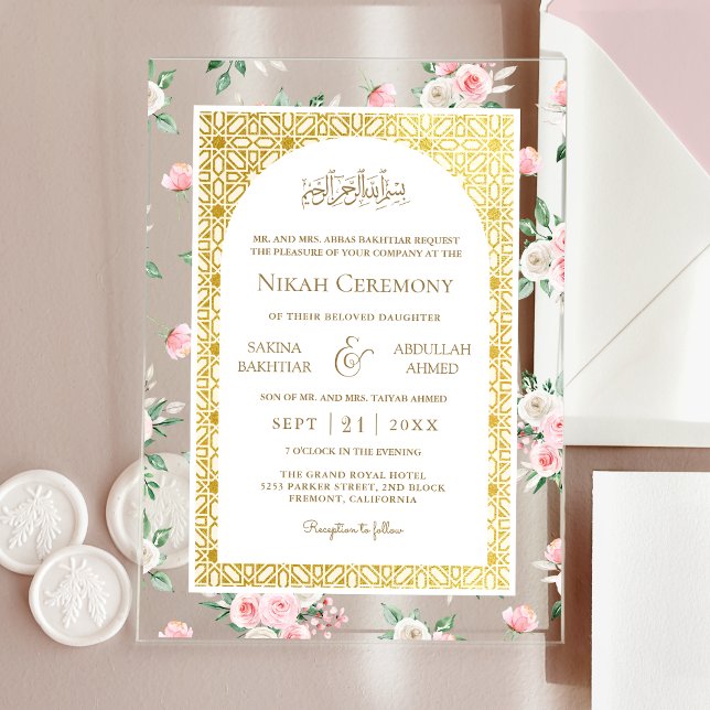Blush Pink Floral Gold Pattern Muslim Wedding Acrylic Invitations (Creator Uploaded)