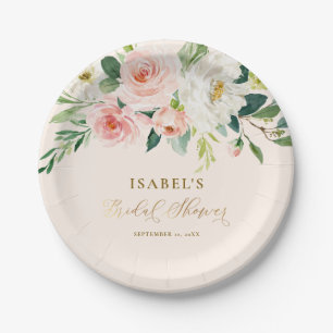 Blush Pink Floral Gold Personalised Bridal Shower Paper Plate