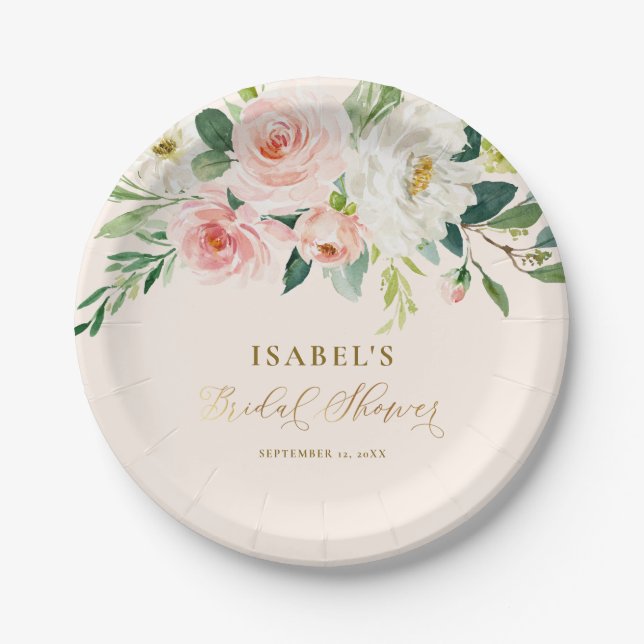 Blush Pink Floral Gold Personalised Bridal Shower Paper Plate (Front)