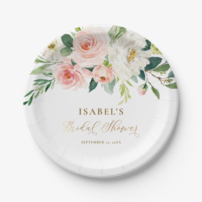 Blush Pink Floral Gold Personalised Bridal Shower Paper Plate (Front)