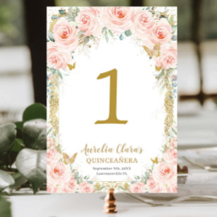 Blush Pink Floral Gold Quinceanera 15 Sweet 16 Table Number