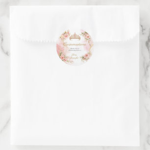 Blush Pink Floral Gold Quinceañera Classic Round Sticker