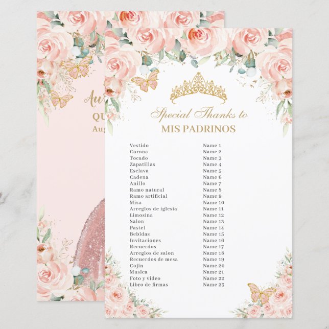 Blush Pink Floral Gold Quinceañera Mis Padrinos  (Front/Back)