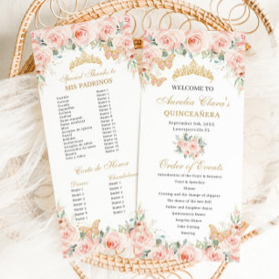 Blush Pink Floral Gold Quinceañera Order of Events Programme