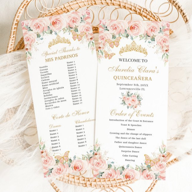 Blush Pink Floral Gold Quinceañera Order of Events Programme (Creator Uploaded)
