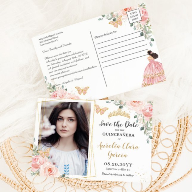  Blush Pink Floral Gold Quinceanera Save the Date Announcement Postcard (Creator Uploaded)
