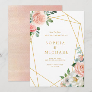 Blush Pink Floral Gold Script Geometric Save The Date