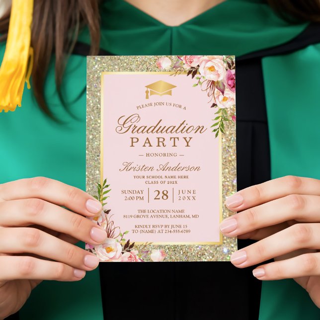 Blush Pink Floral Gold Sparkles Graduation Party Invitation (Creator Uploaded)