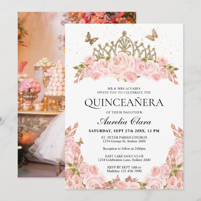Blush Pink Floral Gold Tiara Photo Quinceanera Invitation (Front/Back)