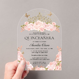 Blush Pink Floral Gold Tiara Quinceanera Arch Acrylic Invitations