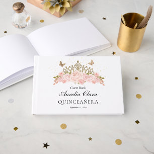 Blush Pink Floral Gold Tiara Quinceanera Welcome Guest Book