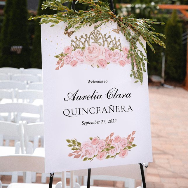 Blush Pink Floral Gold Tiara Quinceanera Welcome Poster (Creator Uploaded)
