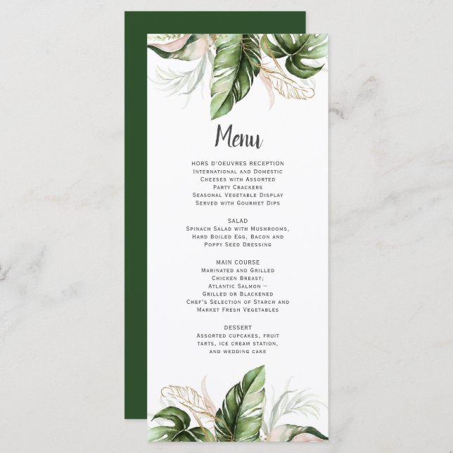 Blush Pink Floral Gold Tropical Greenery Wedding Menu (Front/Back)
