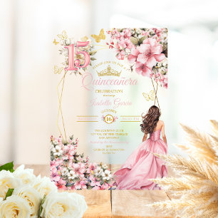 Blush Pink Floral Golden Butterflies Quinceañera Acrylic Invitations