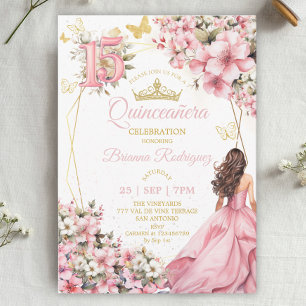 Blush Pink Floral Golden Butterflies Quinceañera Invitation