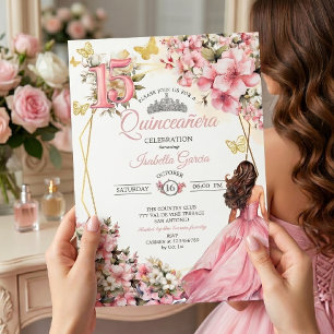 Blush Pink Floral Golden Butterflies Quinceañera Invitation