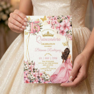 Blush Pink Floral Golden Butterflies Quinceañera Invitation