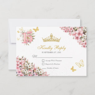Blush Pink Floral Golden Butterflies Quinceañera RSVP Card