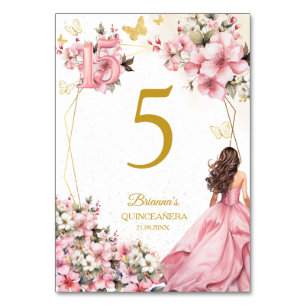 Blush Pink Floral Golden Butterflies Quinceañera  Table Number