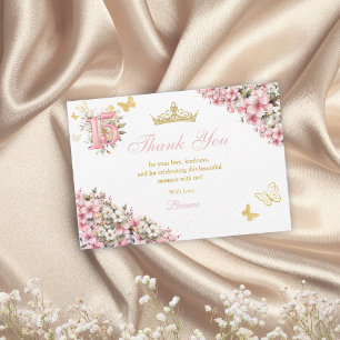 Blush Pink Floral Golden Butterflies Quinceañera Thank You Card