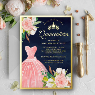 Blush Pink Floral Gown Navy Blue Quinceanera Gold