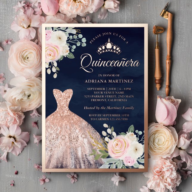 Blush Pink Floral Gown Navy Quinceanera Rose Gold (Creator Uploaded)