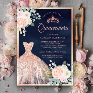 Blush Pink Floral Gown Navy Rose Gold Quinceanera Invitation