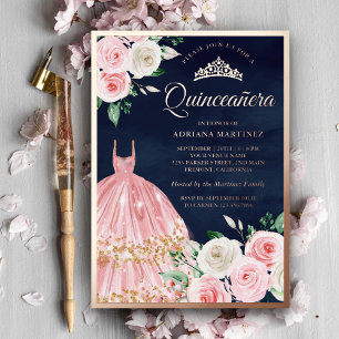 Blush Pink Floral Gown Quinceanera Navy Rose Gold
